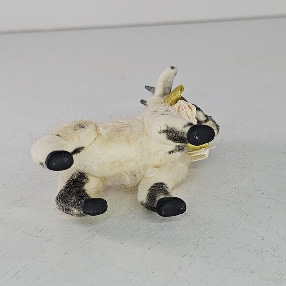 Vintage Articulated Goat Figurine Bow Flower Black White Realistic Mohair Felt - Picture 8 of 8